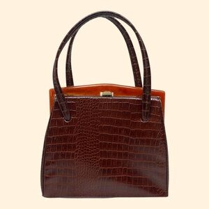 1960s Vintage Brown Crocodile Embossed Leather Handbag with Lucite Frame